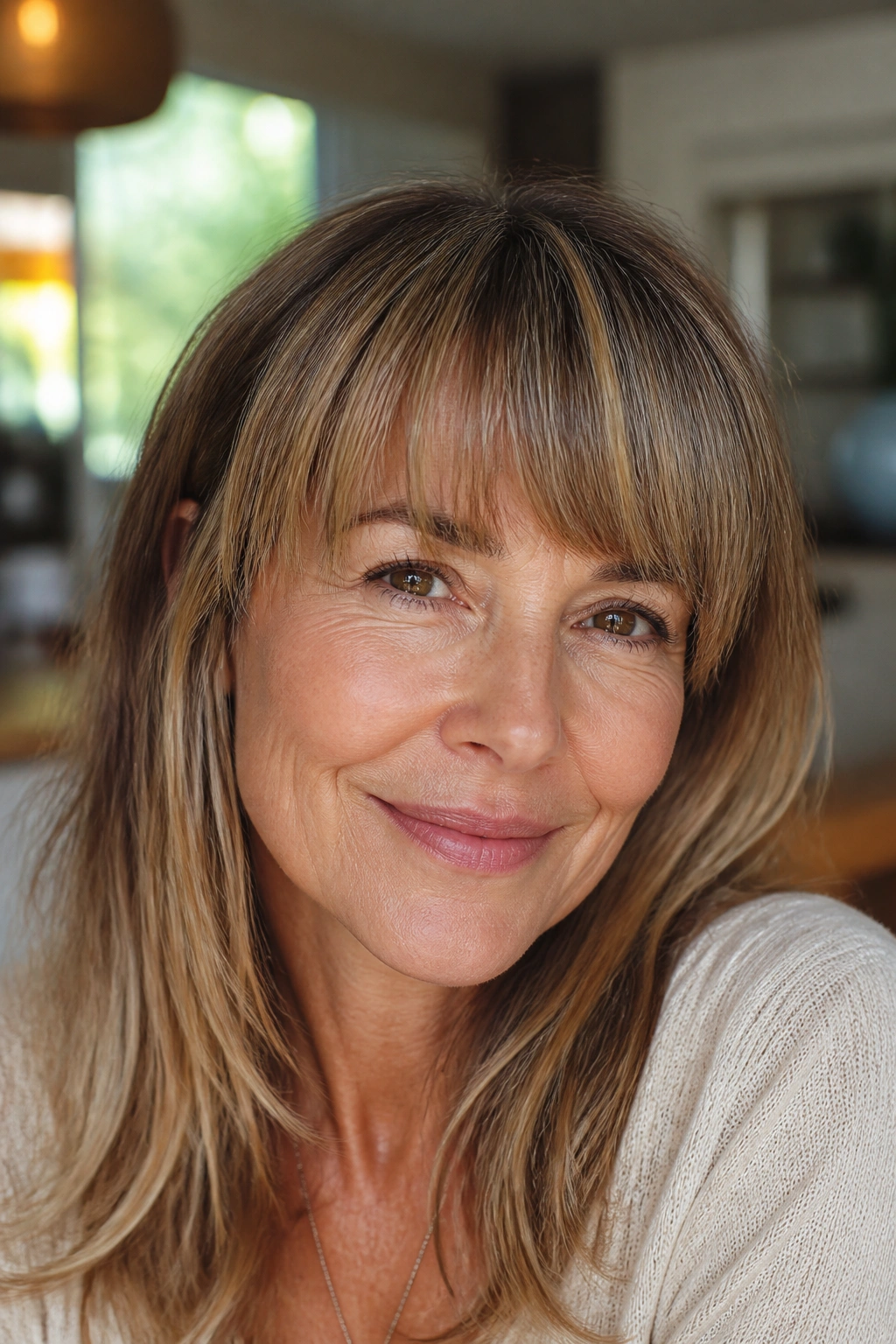 Close-up of real woman with rounded French bangs near brows in warm natural light