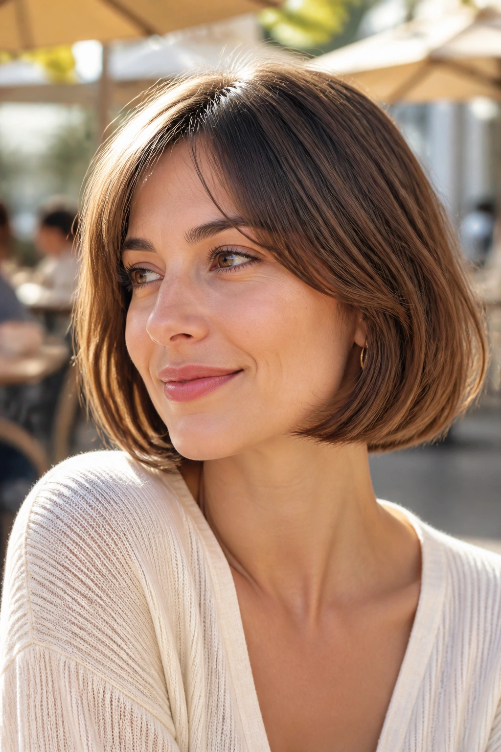 Close-up of a woman with a rounded French bob in warm outdoor light