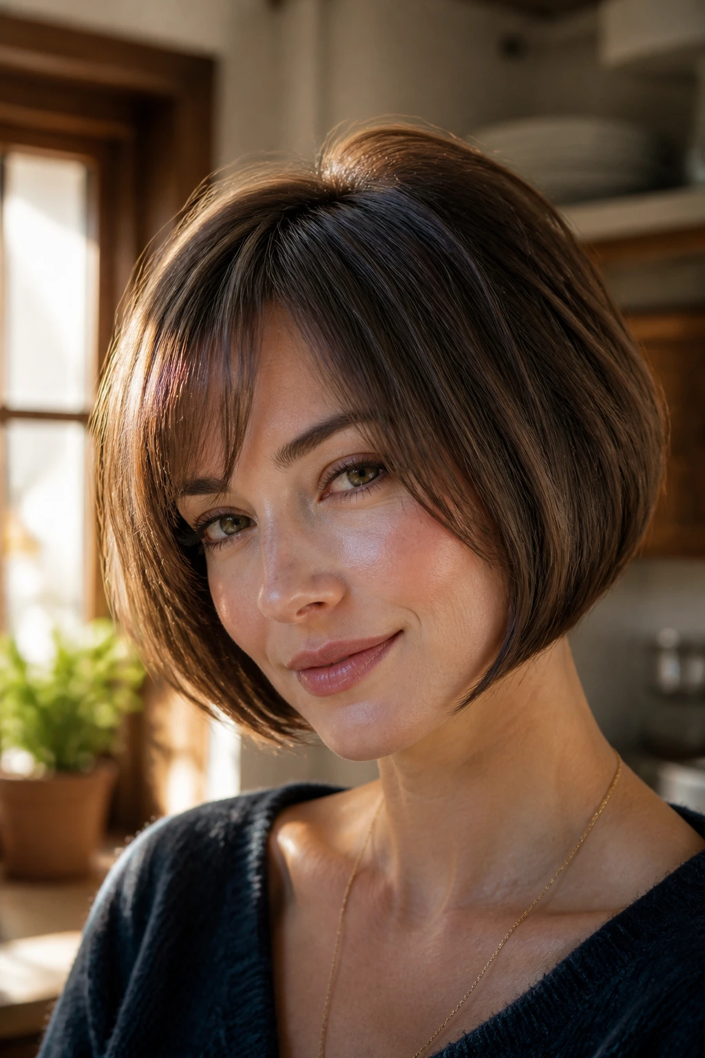 Close-up of a real woman with a rounded crown French bob