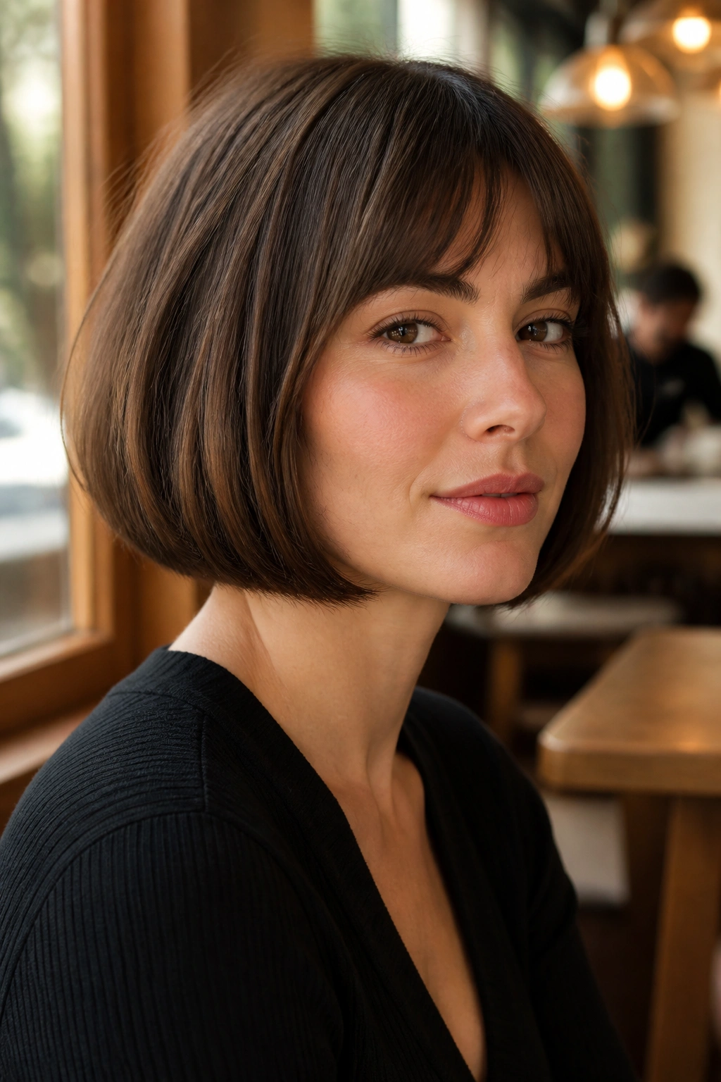 Close-up portrait of a woman with a rounded French bob curving inward at the ends.