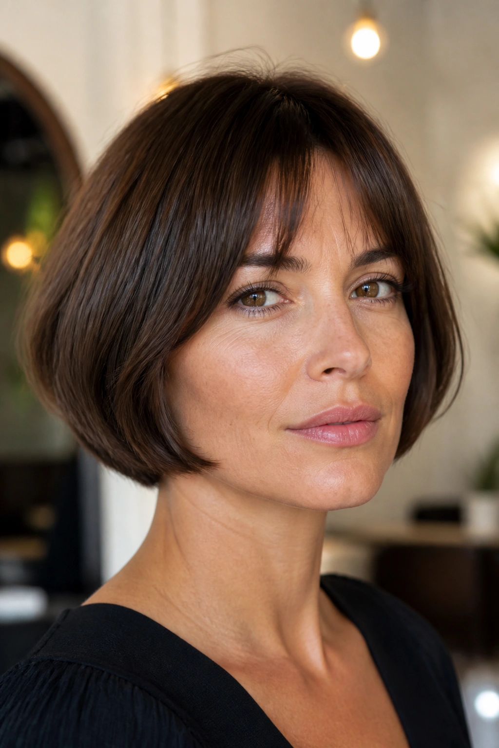 Close-up portrait of real woman with rounded French bob framing her face in warm salon light
