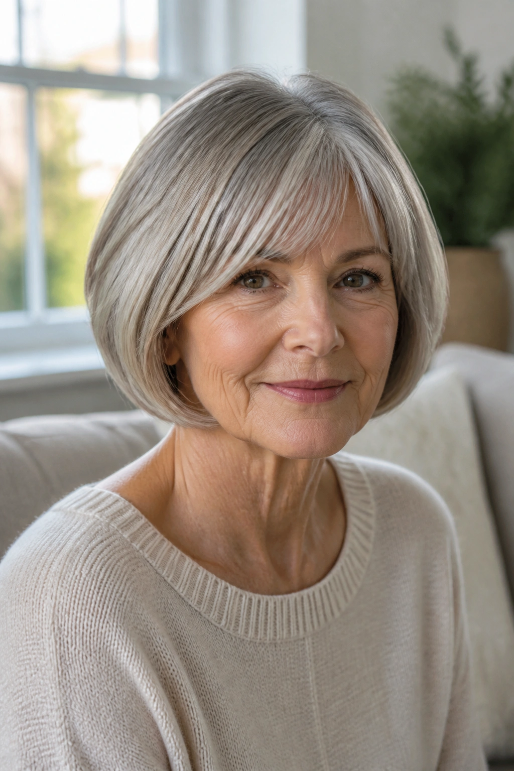 Portrait of a woman with rounded French bob and tucked-in sides