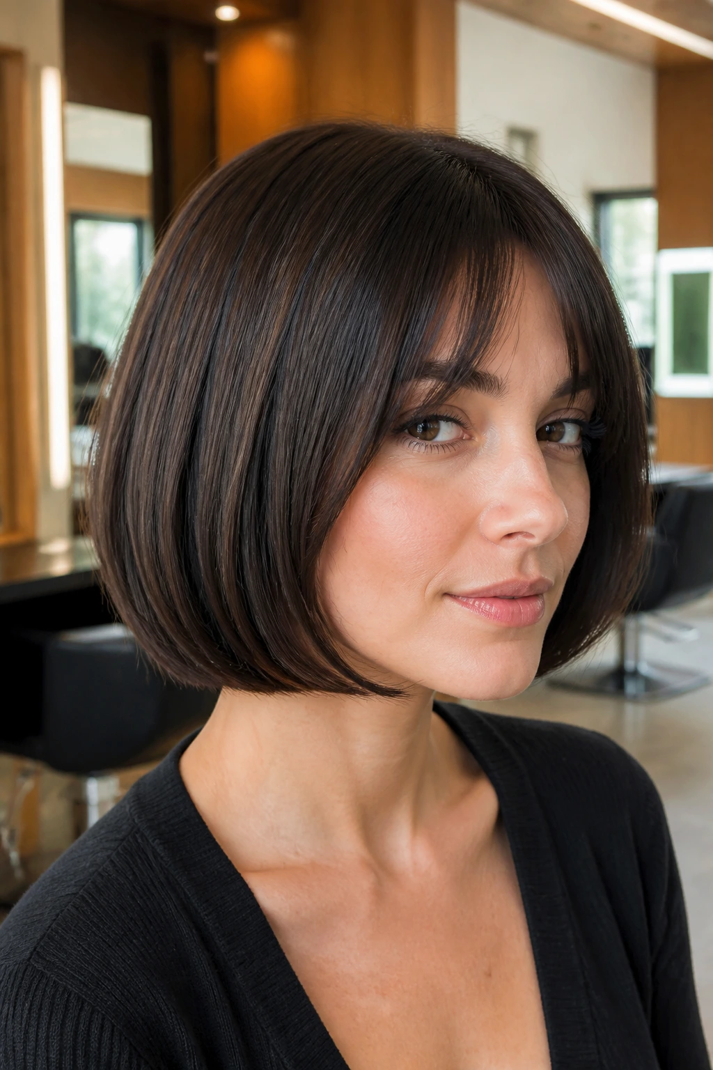 Portrait of a real woman with a rounded French bob and under-curved hem.