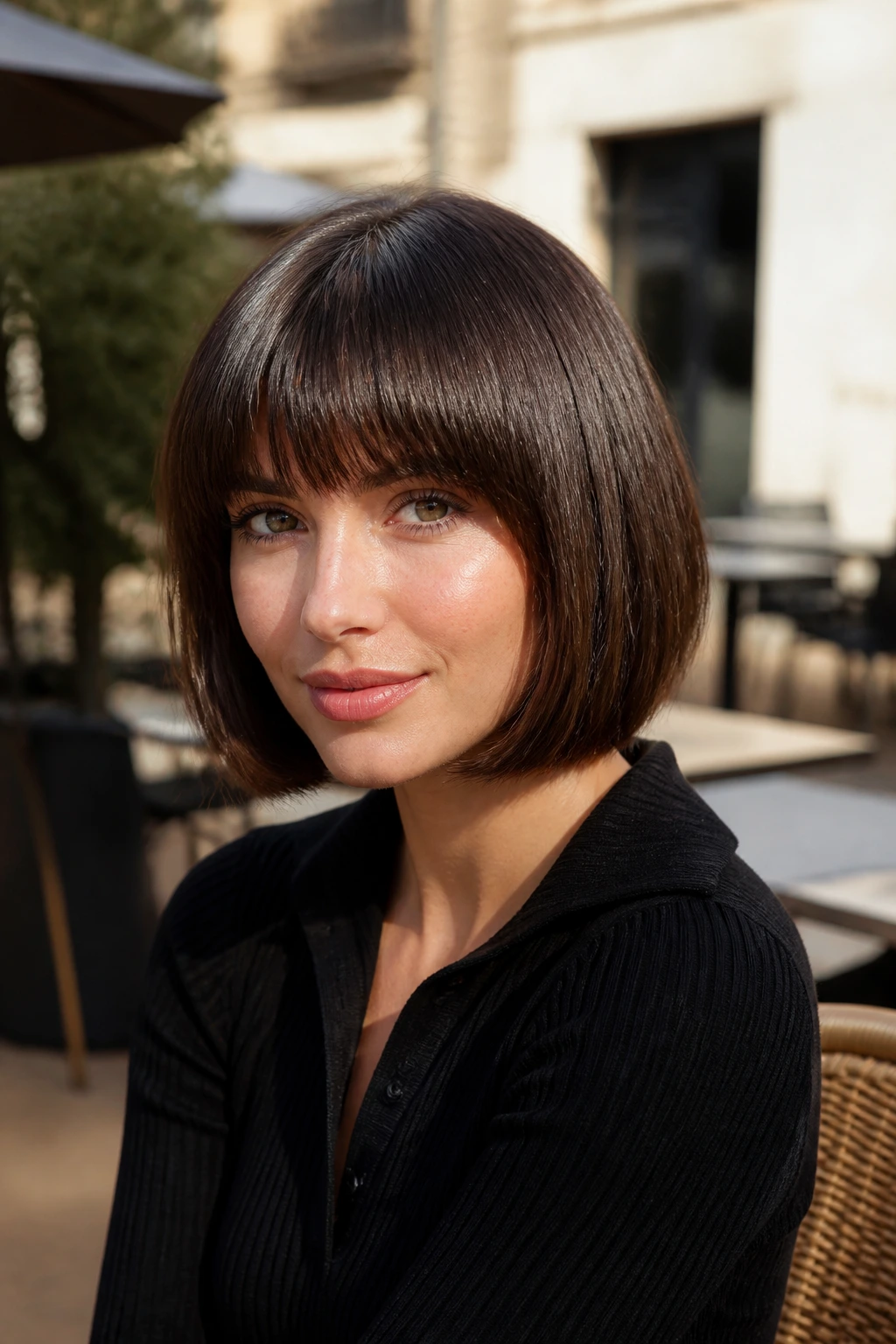 Close-up portrait of a real woman with a rounded fringe bob on straight hair