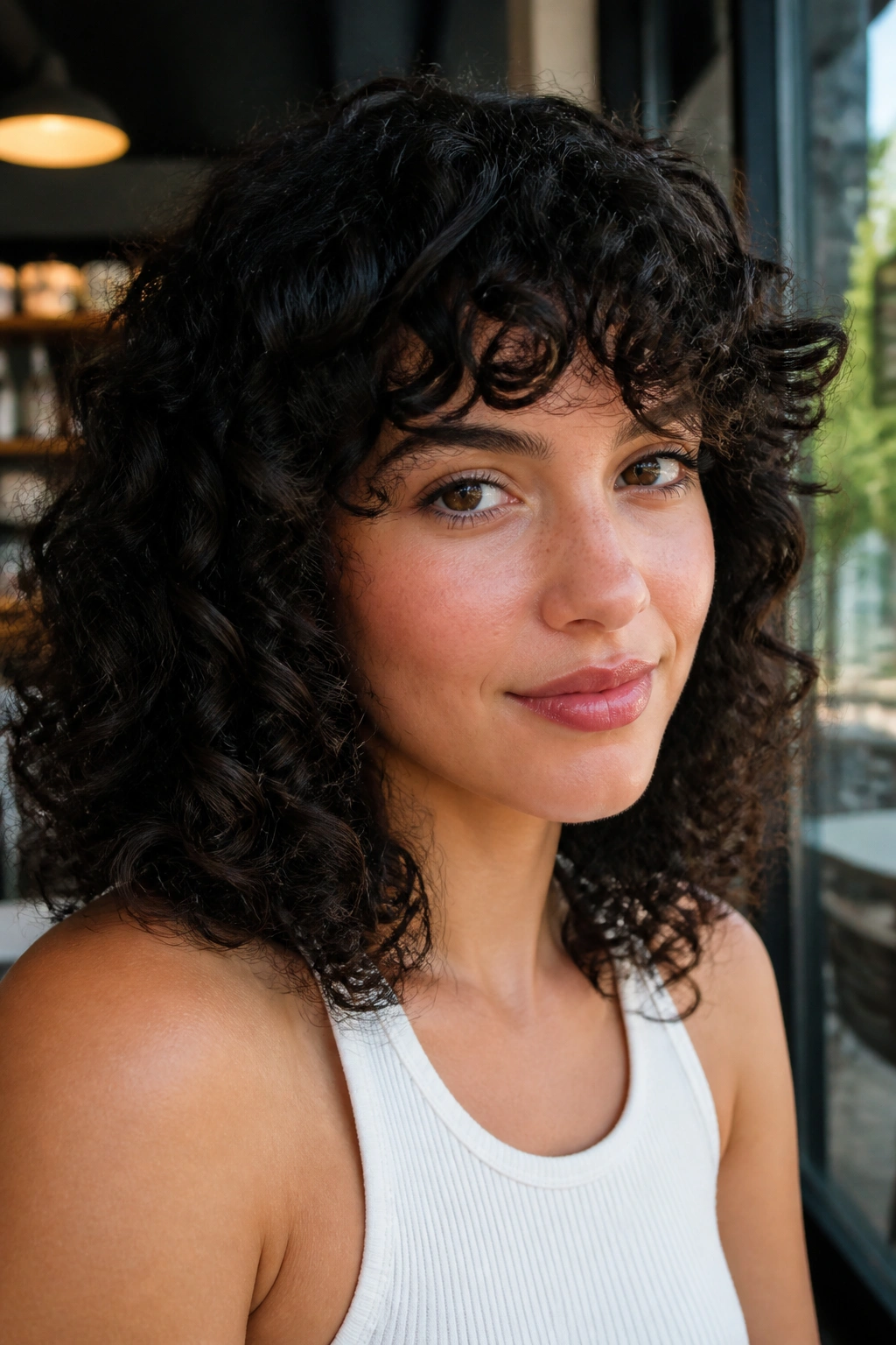 Close-up of a real woman with rounded curly fringe following brow line