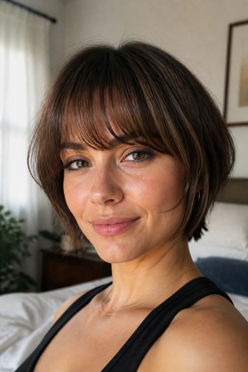 Close-up of a woman with a curved rounded fringe in soft daylight.