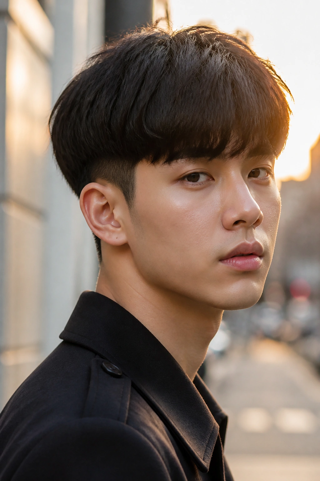 Portrait of a man with rounded fringe and low taper haircut on a city street at golden hour.