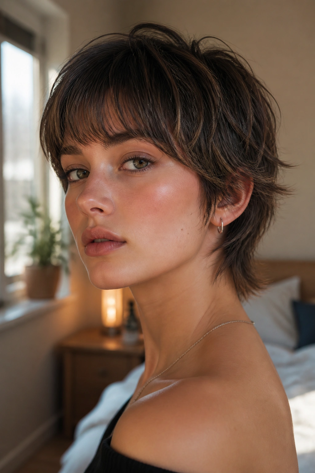 Real person with rounded fringe and narrow neckline pixie mullet