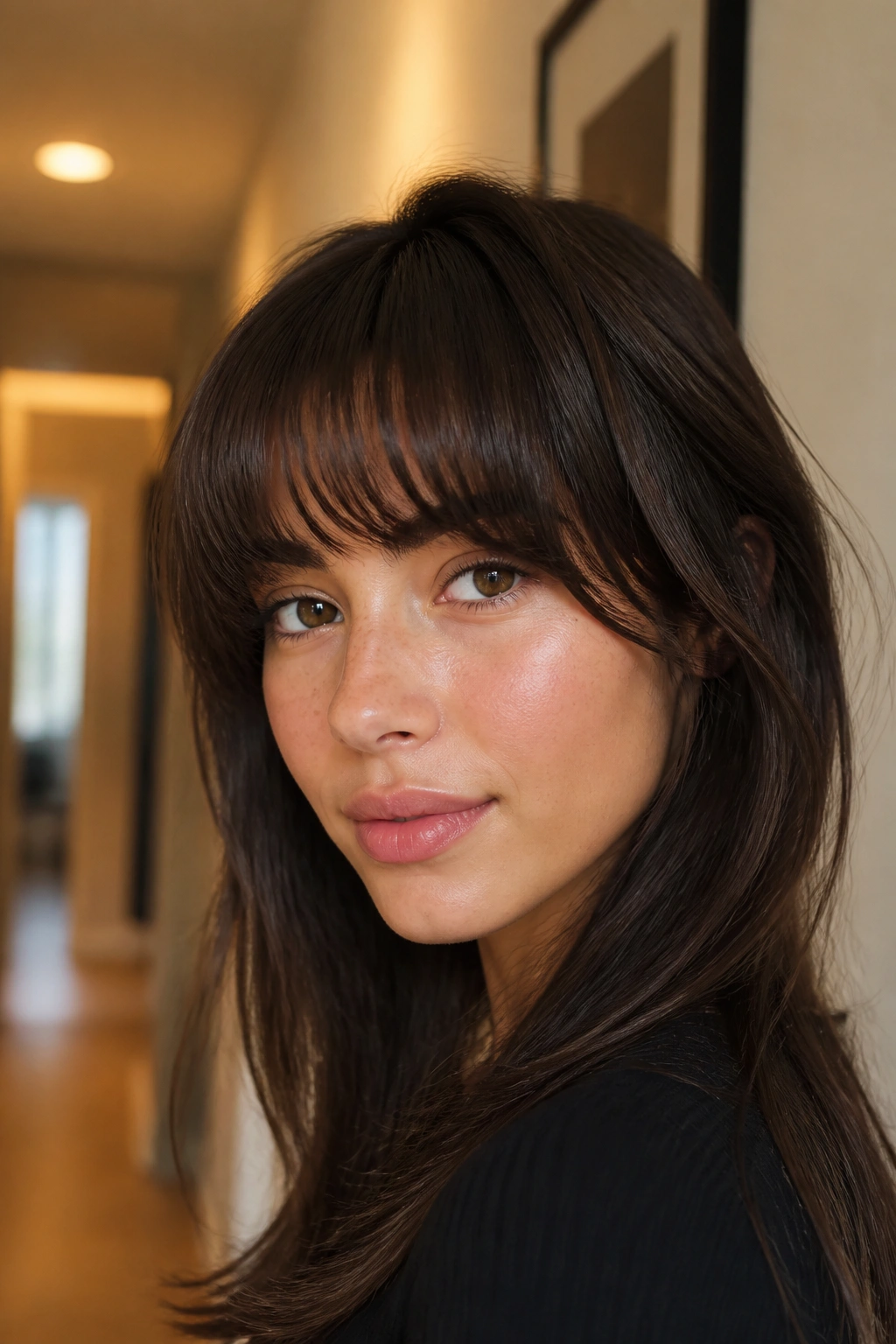 Close-up of a woman with rounded fringe and soft corners
