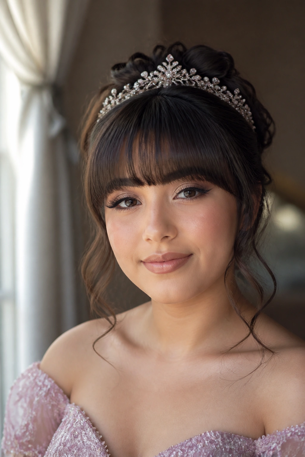 Close-up of rounded full bangs on a real woman in soft light