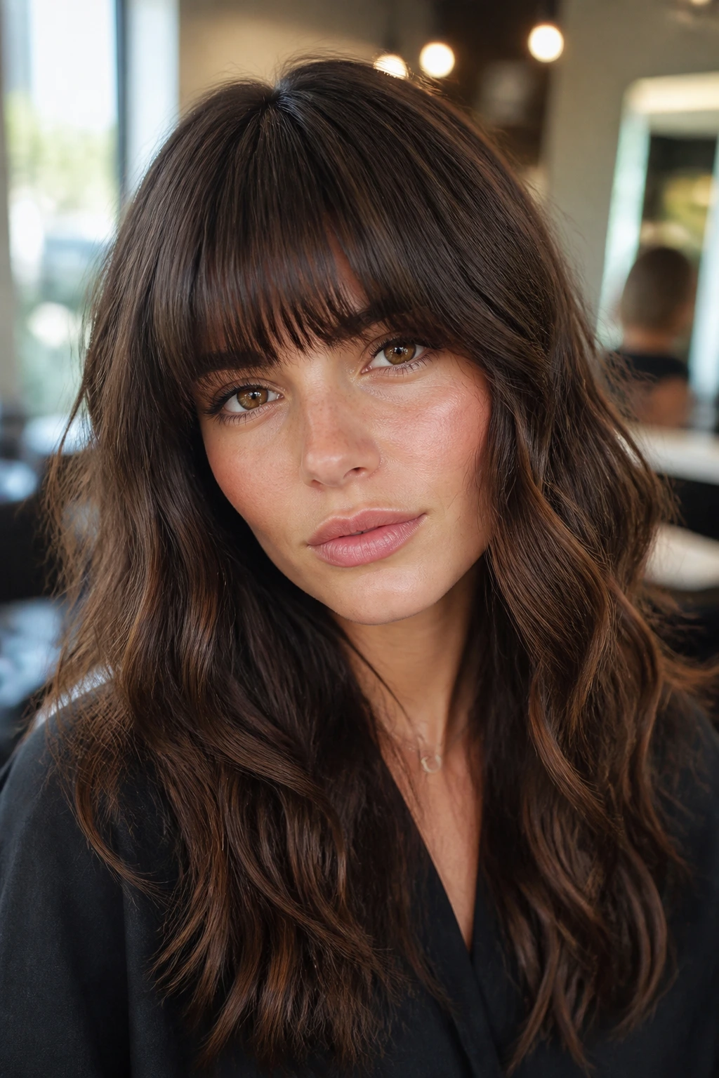Close-up portrait of a real woman with rounded full fringe