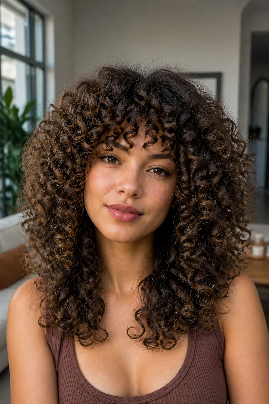 Close-up of a real woman with rounded halo curls indoors