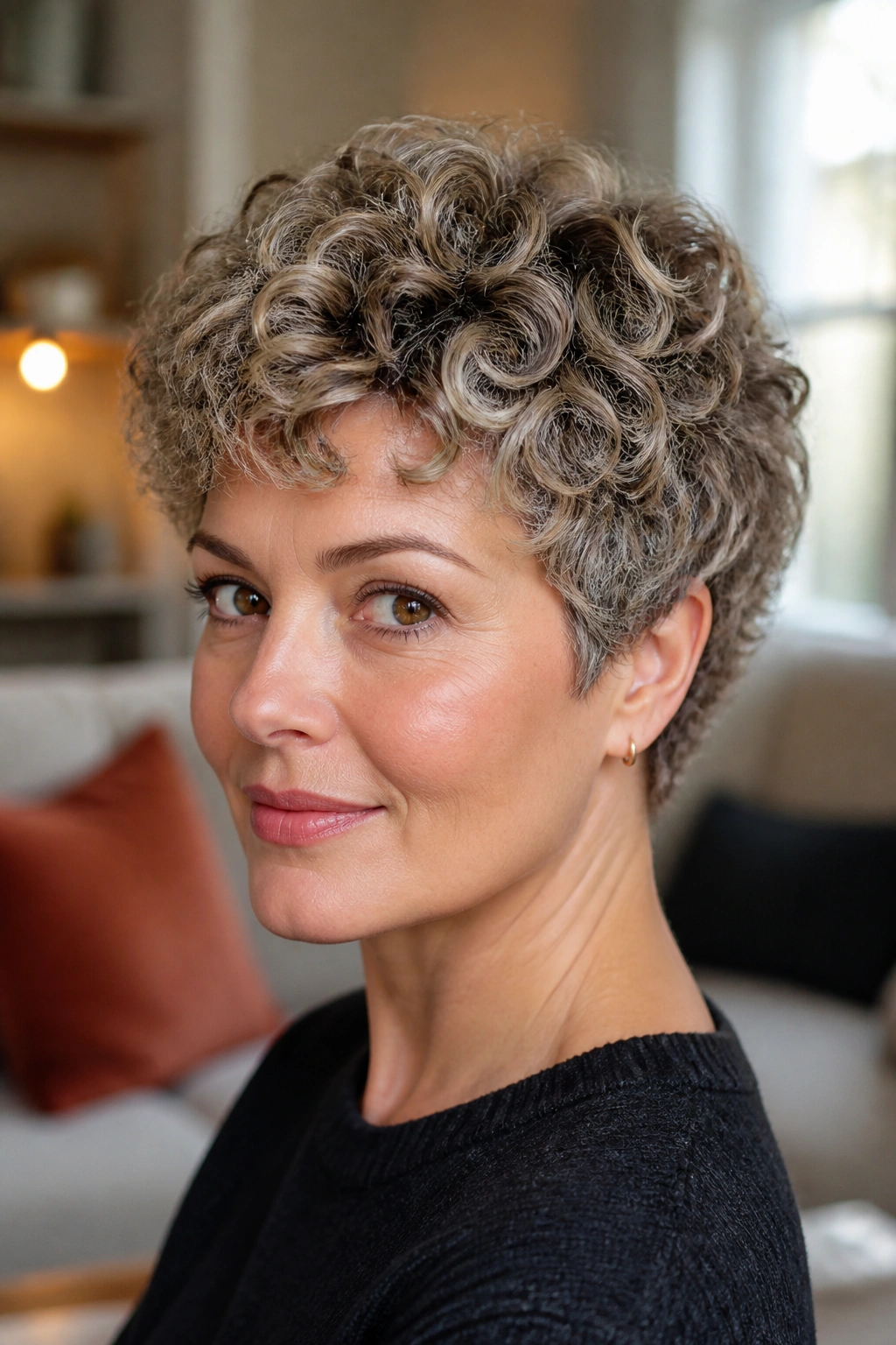 Portrait of a real woman showcasing a rounded halo pixie