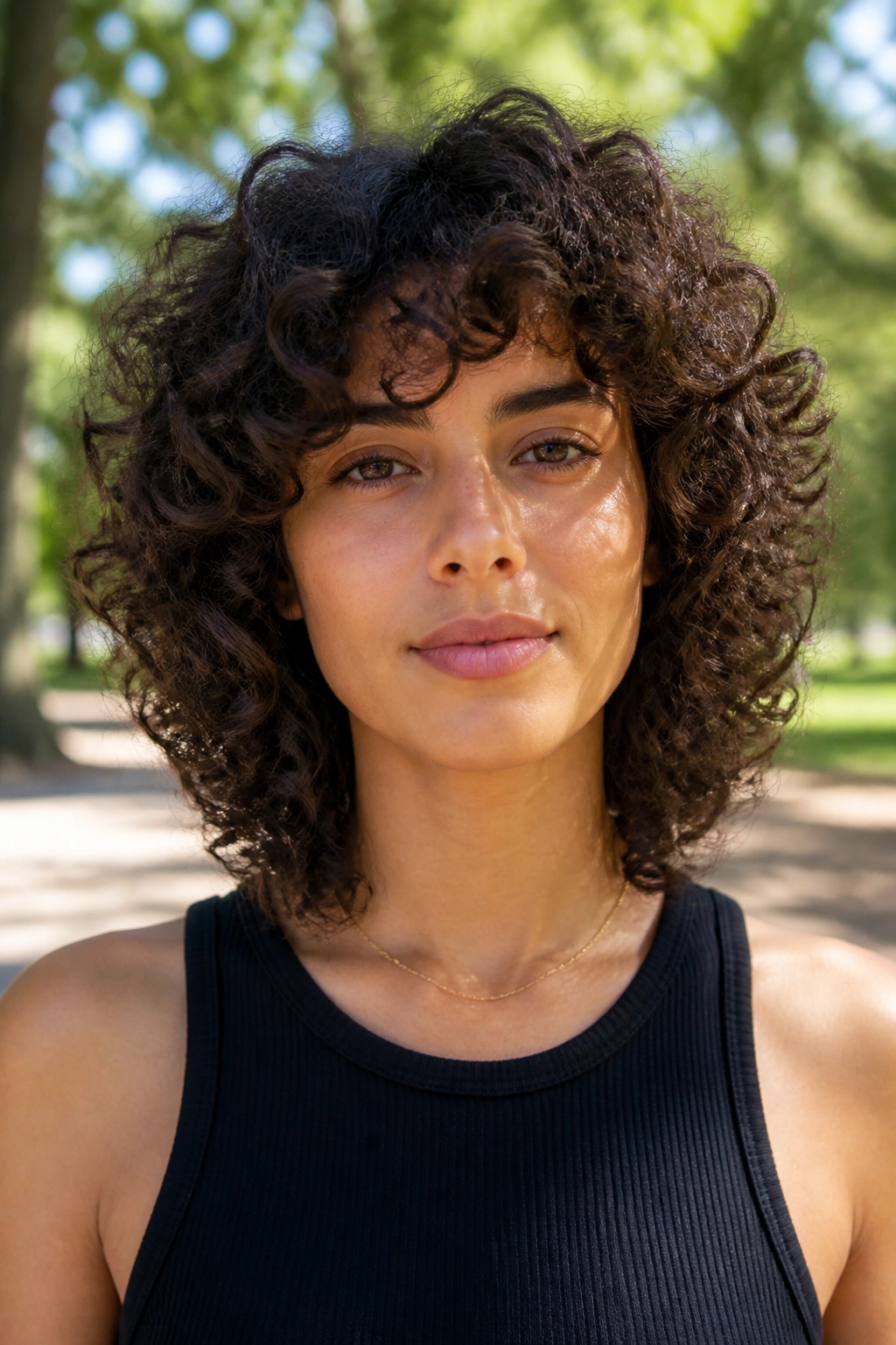 Close-up of a real woman with rounded halo shag