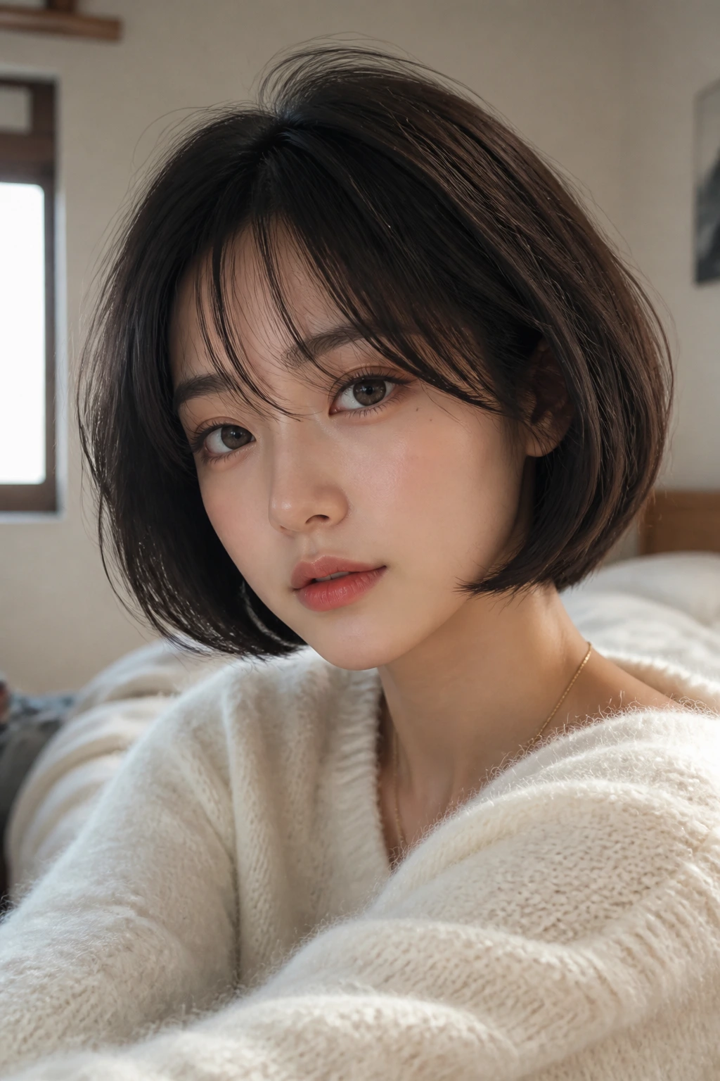 Close-up of a real woman with a rounded Korean bob in warm window light