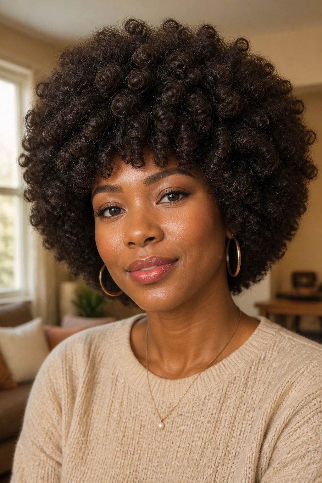 Real woman with a rounded layered Afro, thick curls.