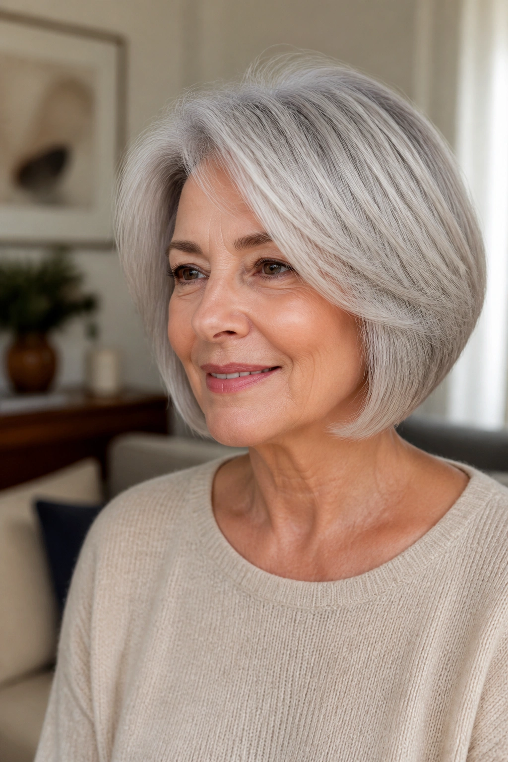 Close-up of a real woman with rounded layered bob in soft daylight
