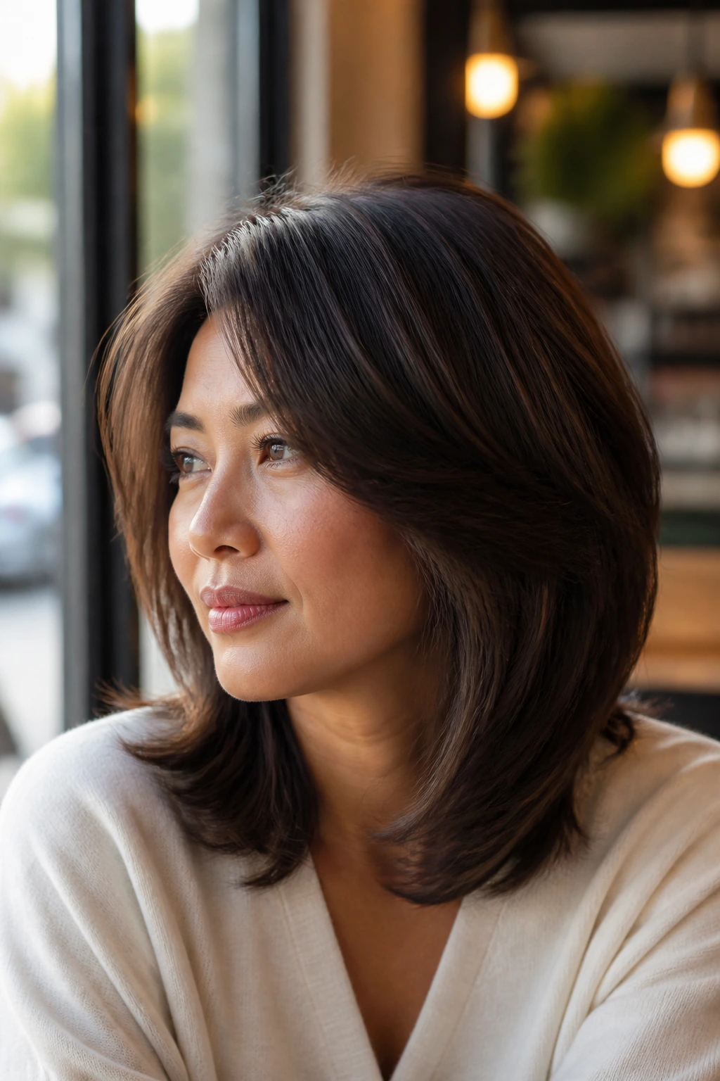 Real woman with rounded layered cut forming a soft dome.