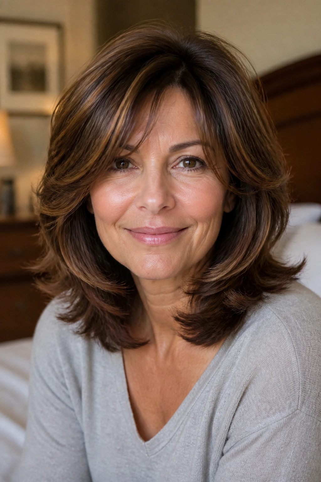 Close-up portrait of a real woman with a rounded layered cut for thick hair