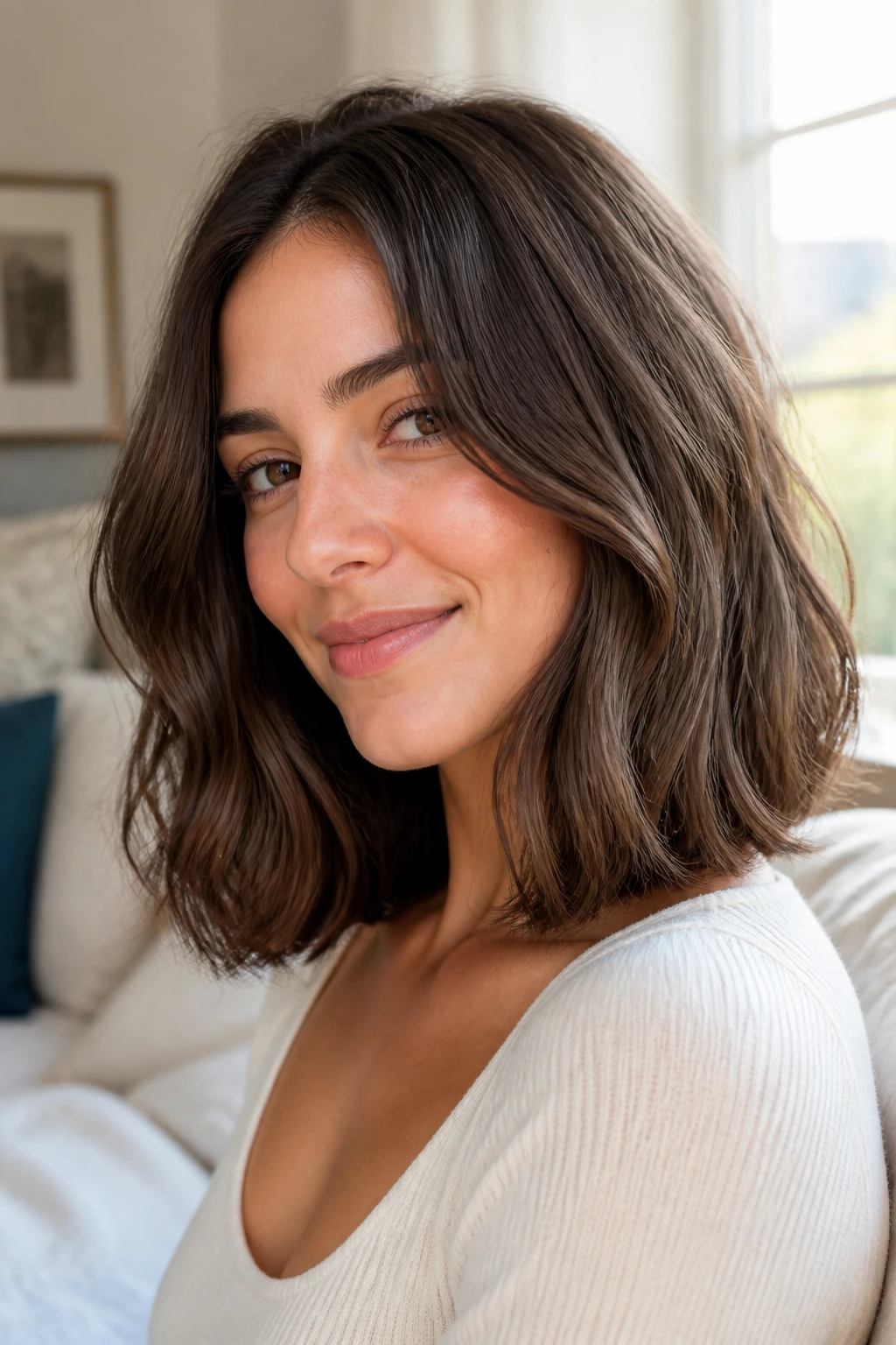 Close-up portrait of a real woman with rounded layered lob and soft waves.