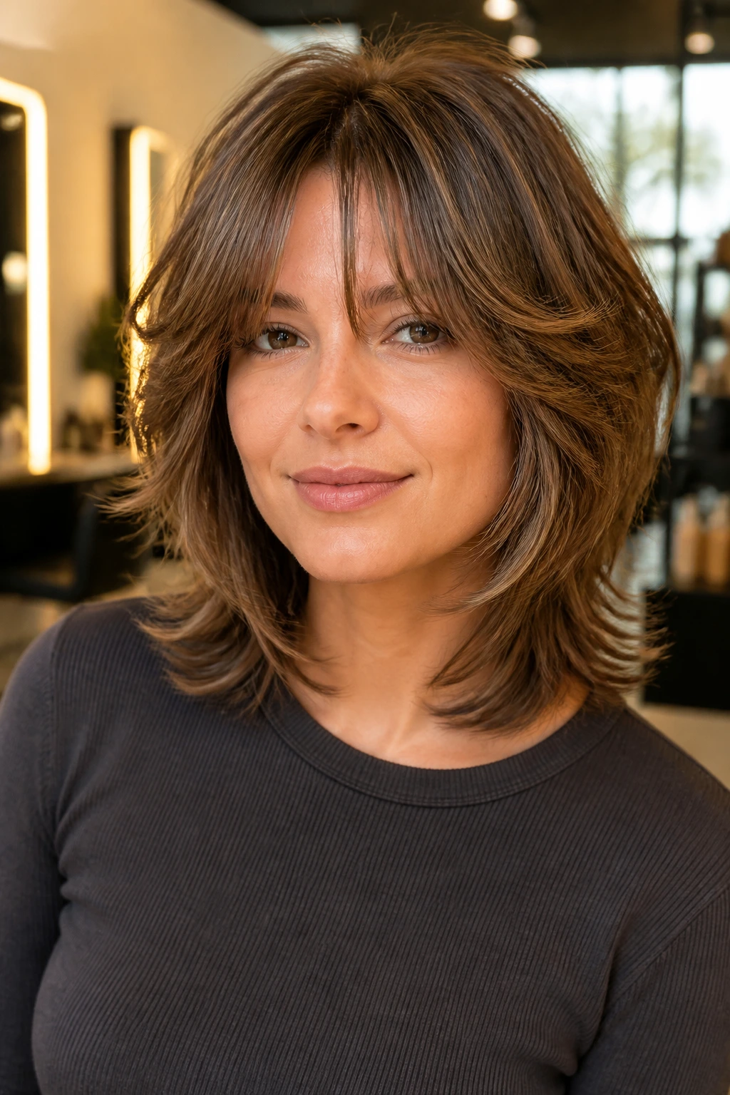 Close-up portrait of a real woman with a rounded layered shag in a salon setting, soft lighting