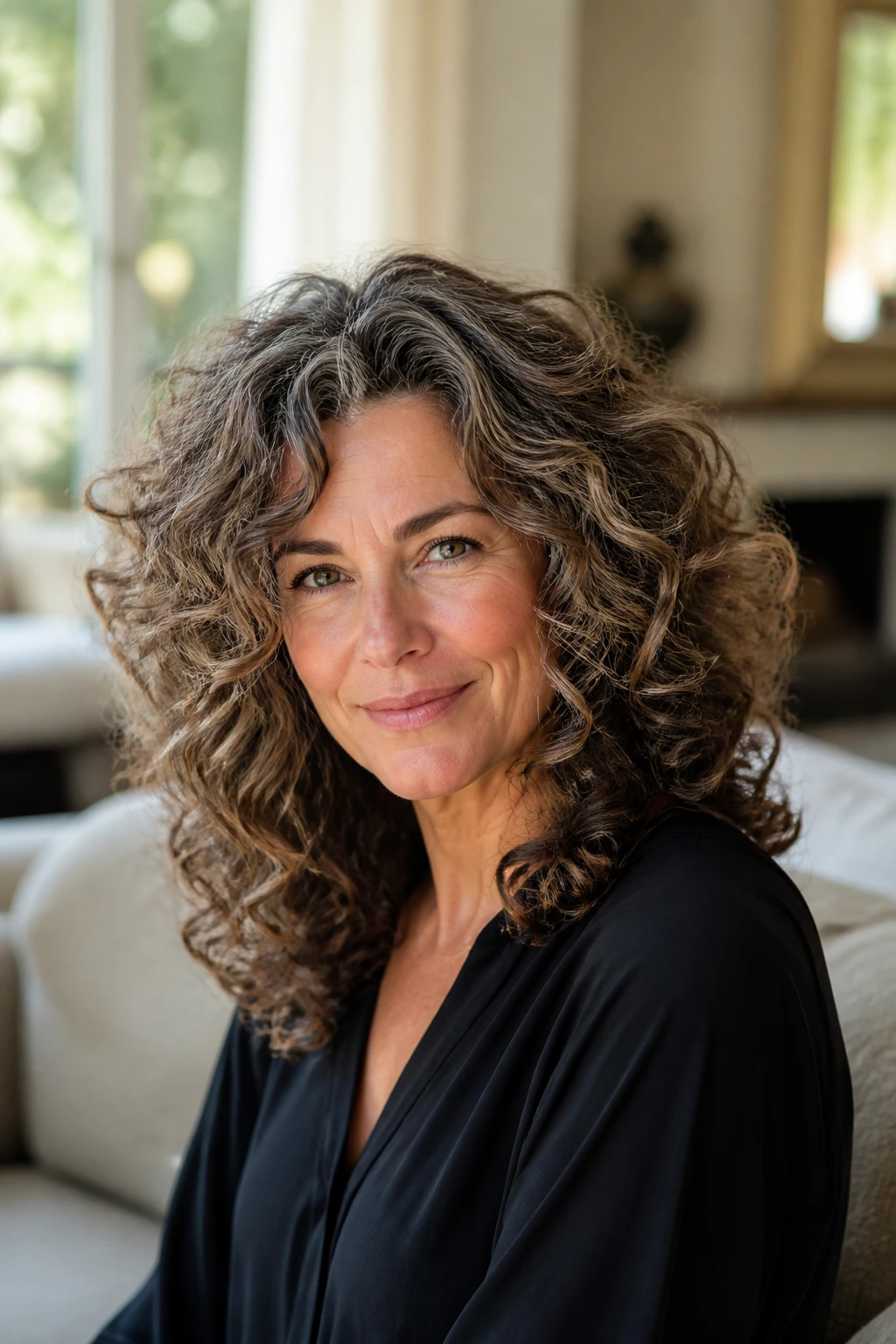 Close-up of a real woman with rounded-layer curls and soft crown lift.