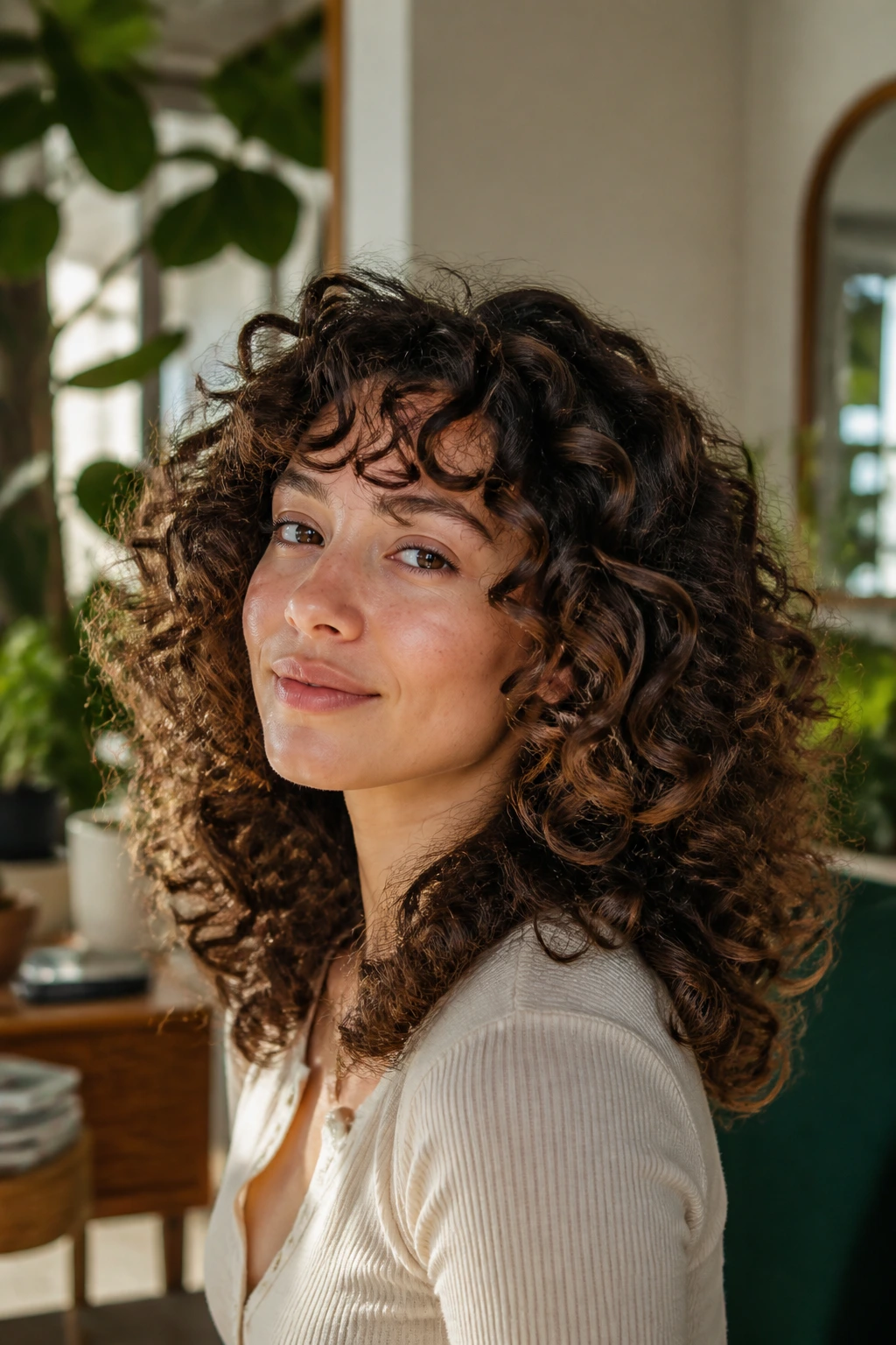 Close-up portrait of a real woman with rounded layers on thick curls