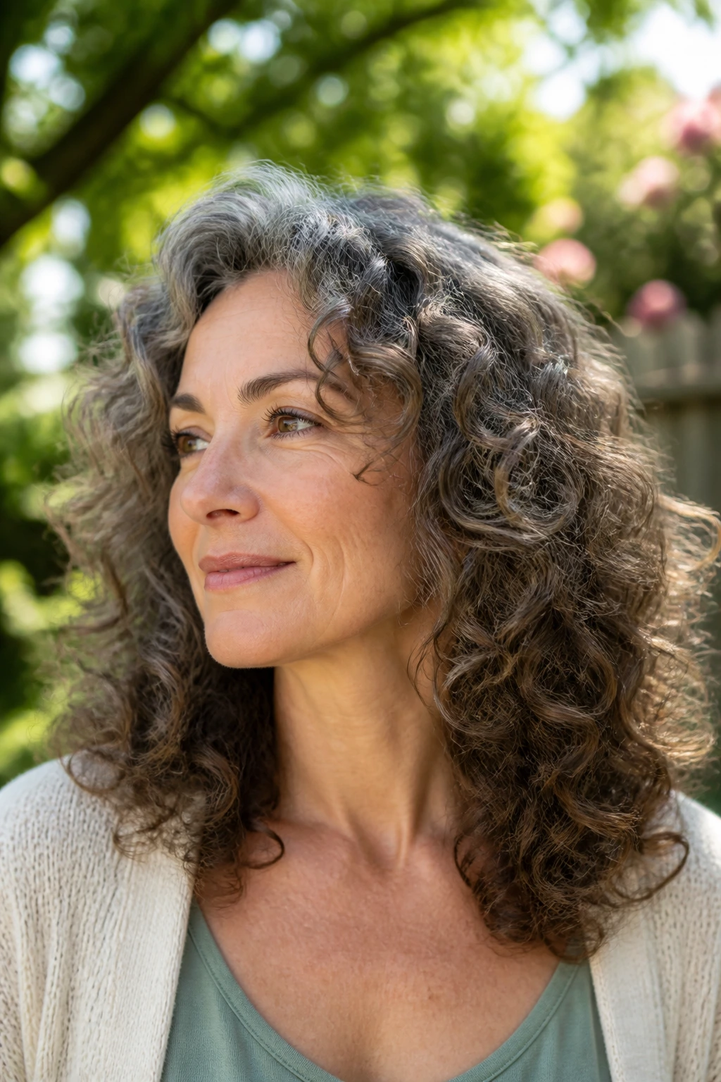 Close-up portrait of a real woman with rounded layered curls