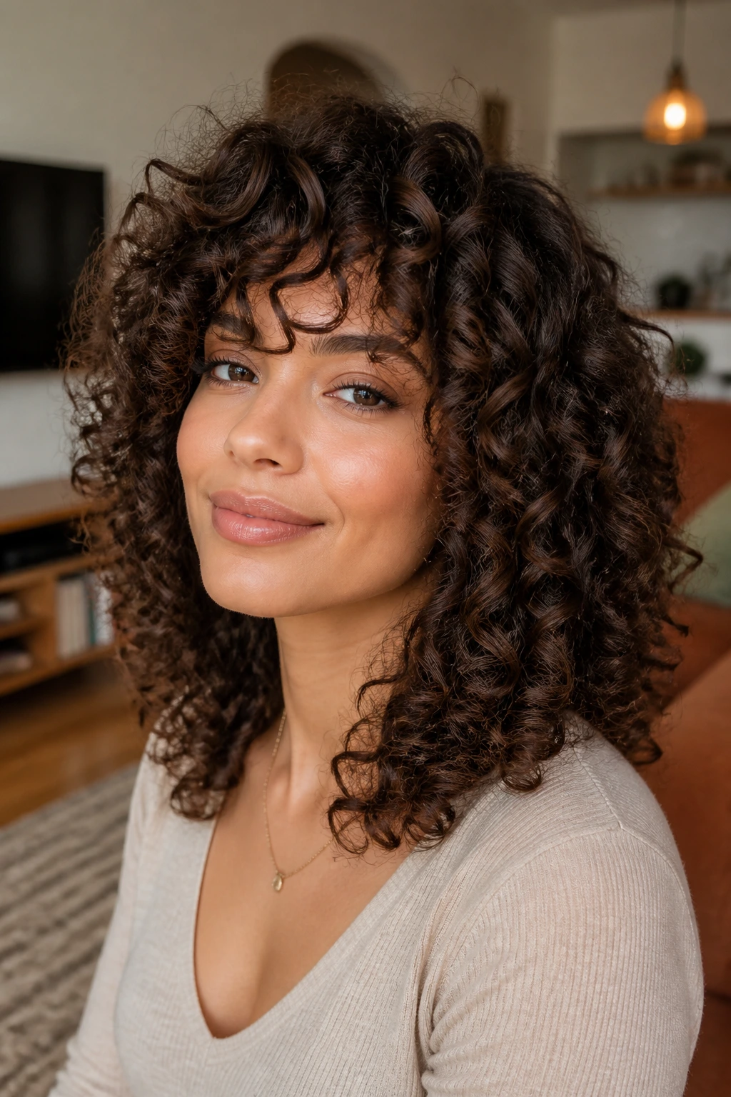 Close-up of a real woman with rounded layers in curly hair