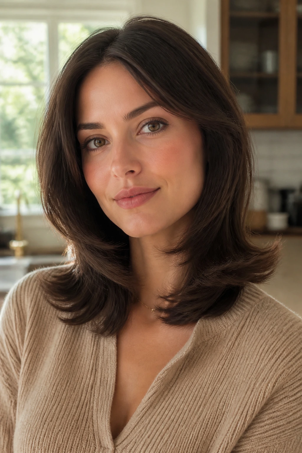 Close-up of a real woman with rounded layers and a slight flip at the ends.