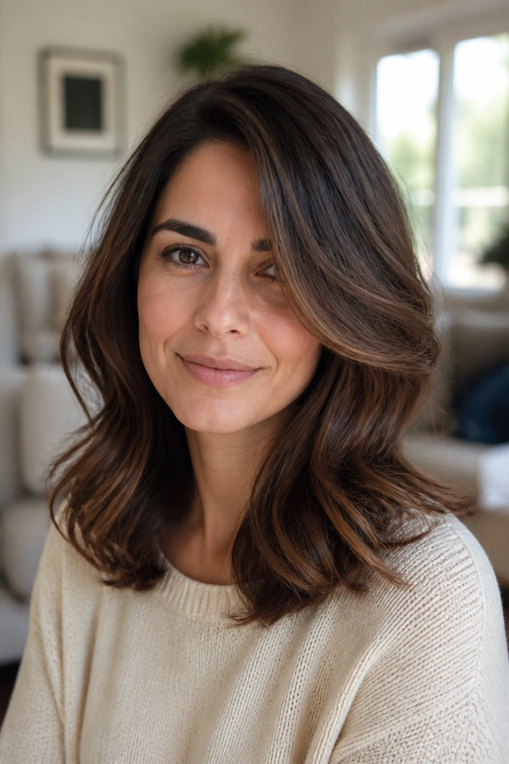 Close-up of a real woman with rounded layers and a side part in soft daylight