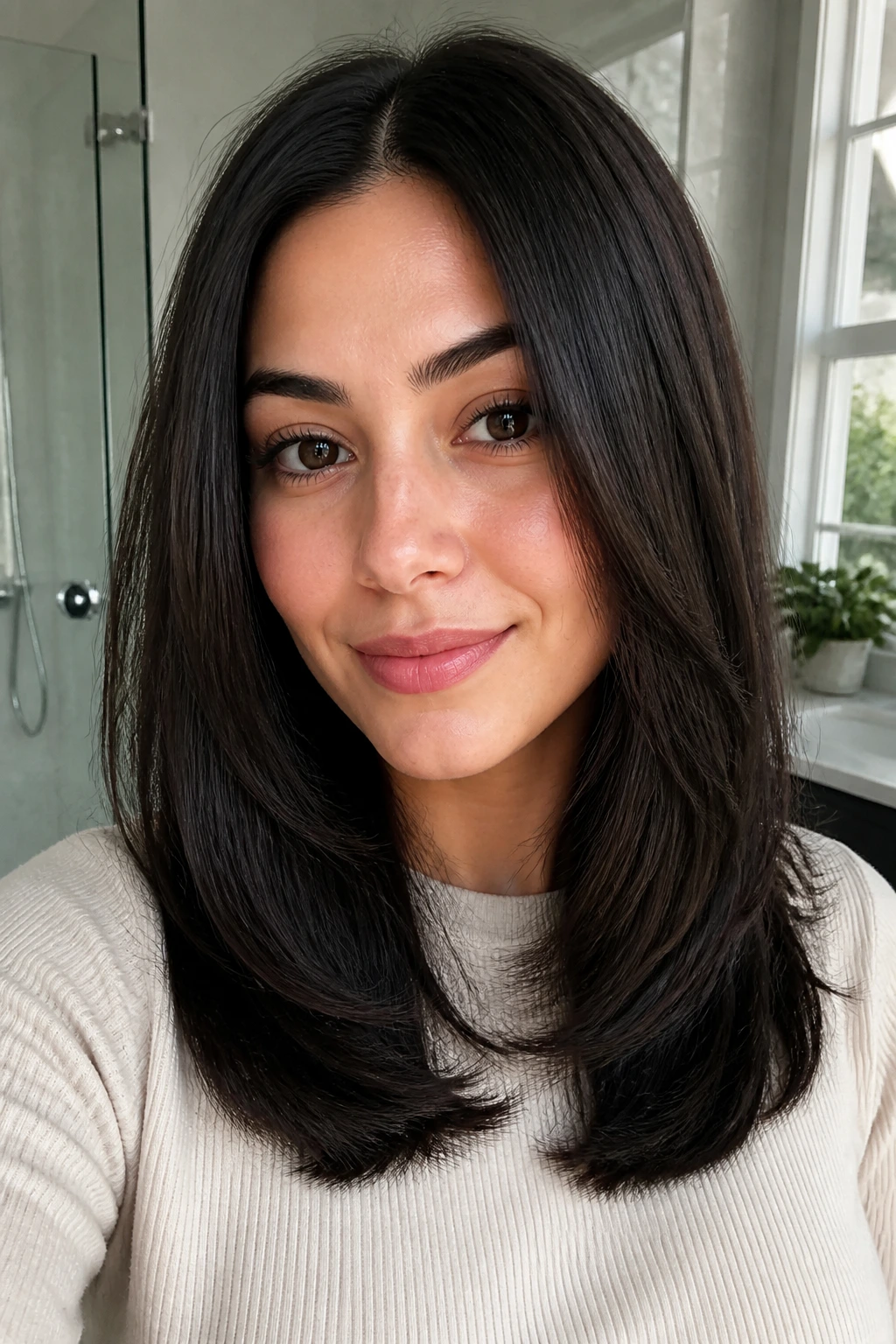 Close-up of real person with rounded layers on straight thick hair