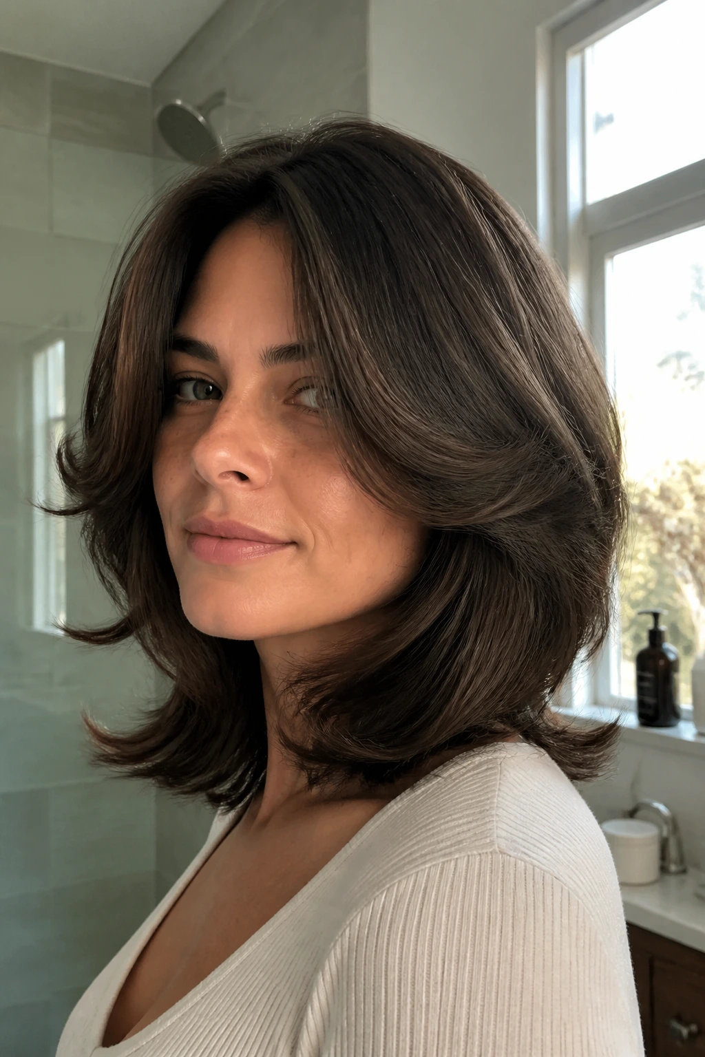 Close-up of a real woman with rounded layers on thick medium-length hair.