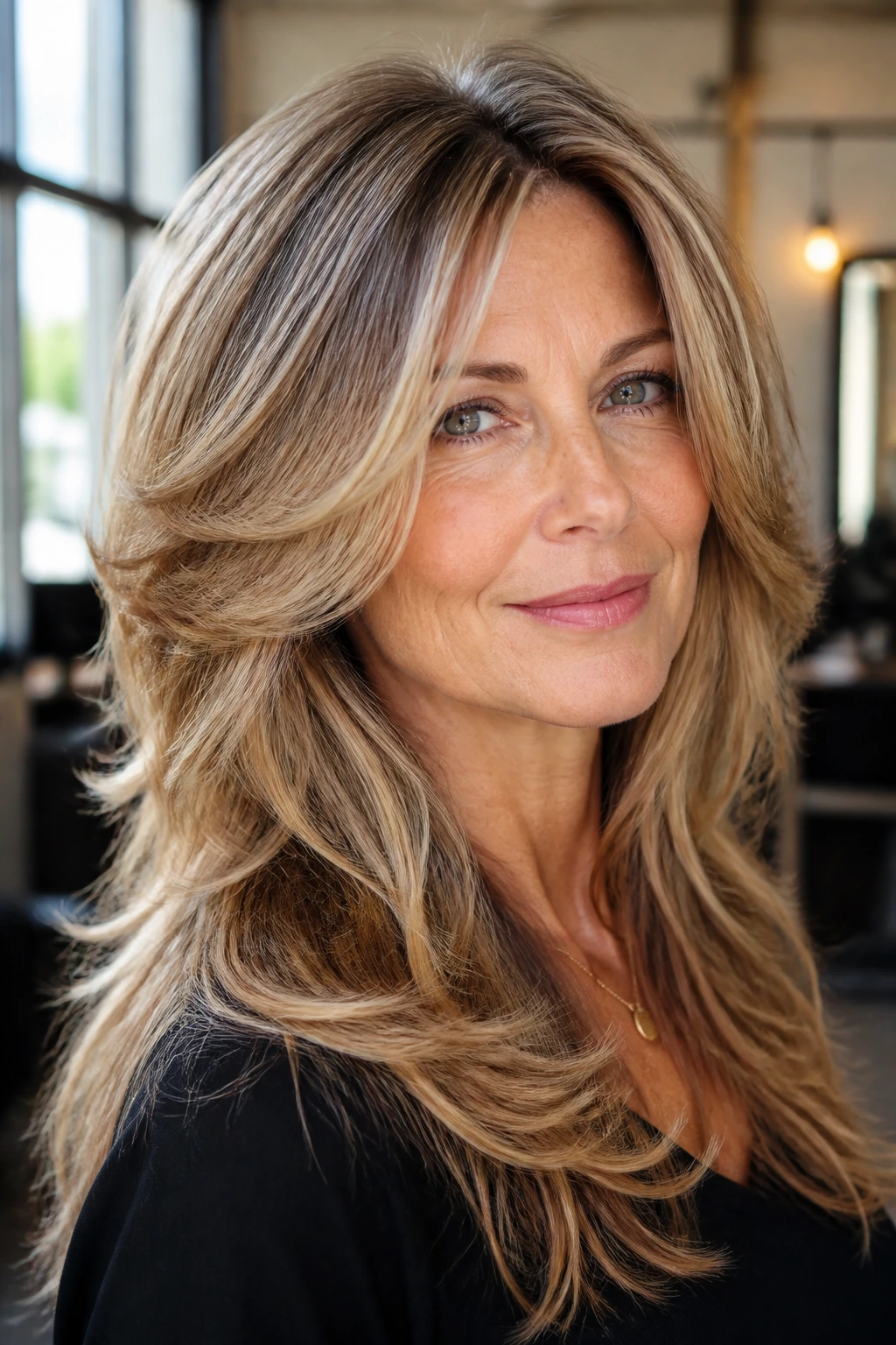 Close-up of a real woman with rounded layers creating crown volume in a window-lit salon