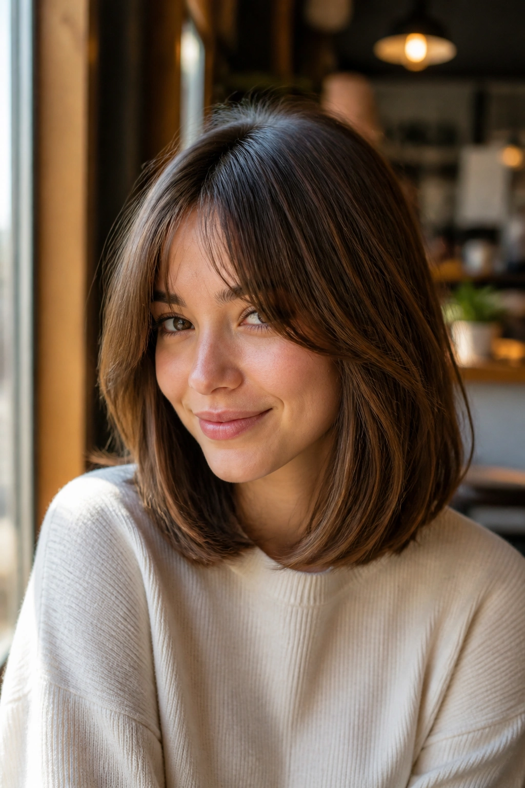 Close-up portrait of a real woman with rounded long bob and curtain bangs in a cozy cafe setting