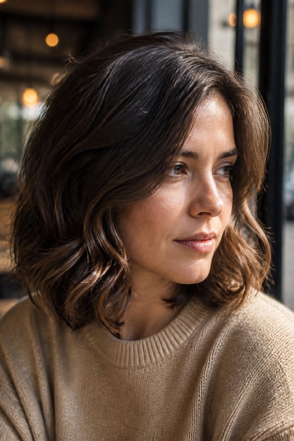 Close-up of a woman with a rounded lob and soft volume