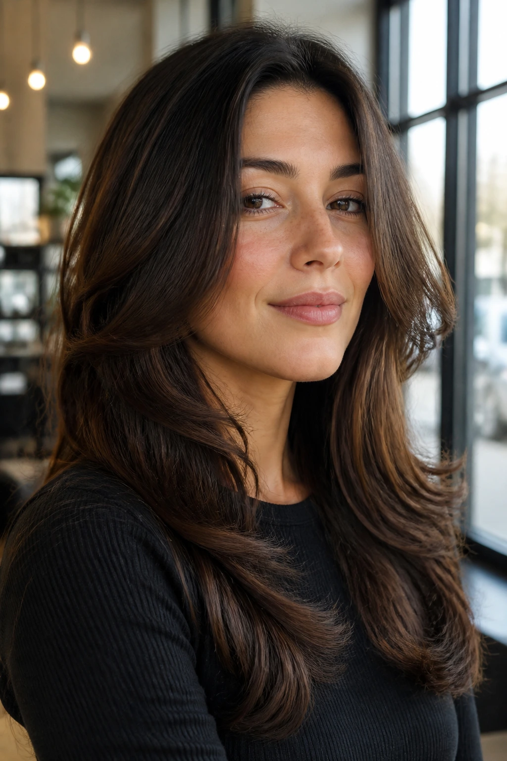 Real woman with rounded long cut hairstyle in a bright salon