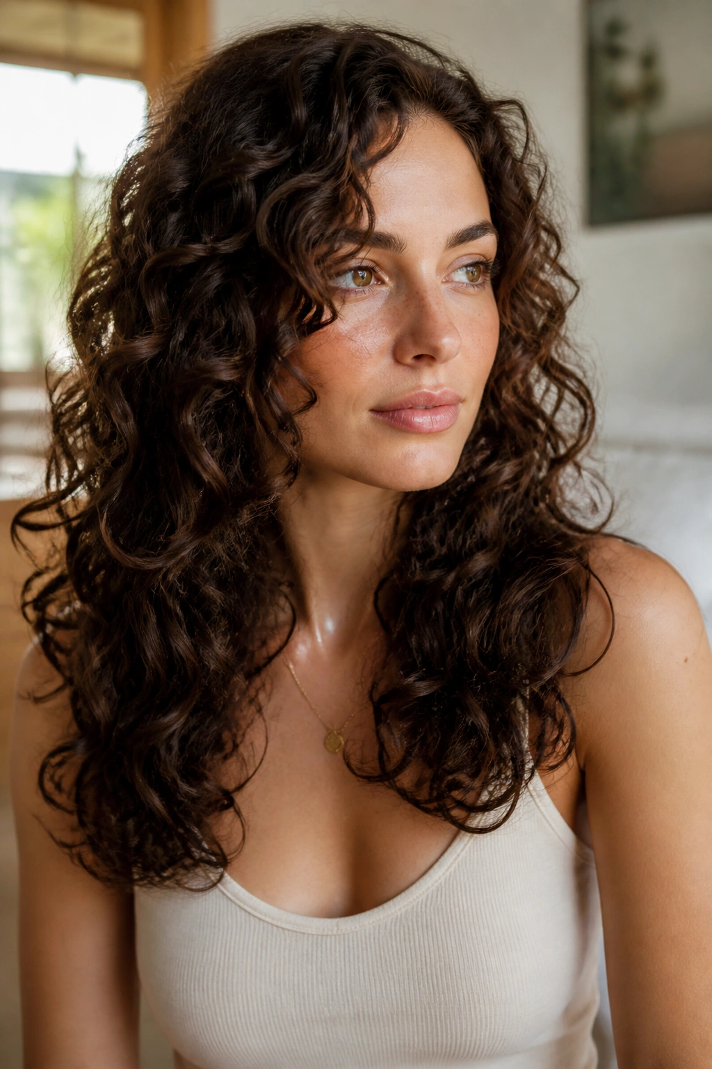 Real woman with rounded long layers and fuller ends.