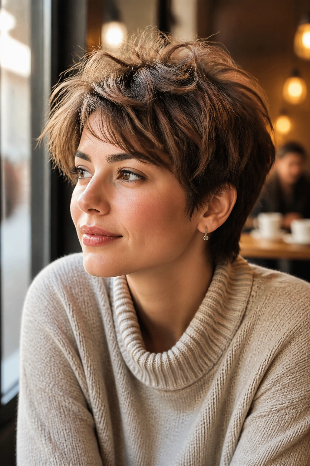 Close-up of a woman with a rounded messy pixie under cafe lighting