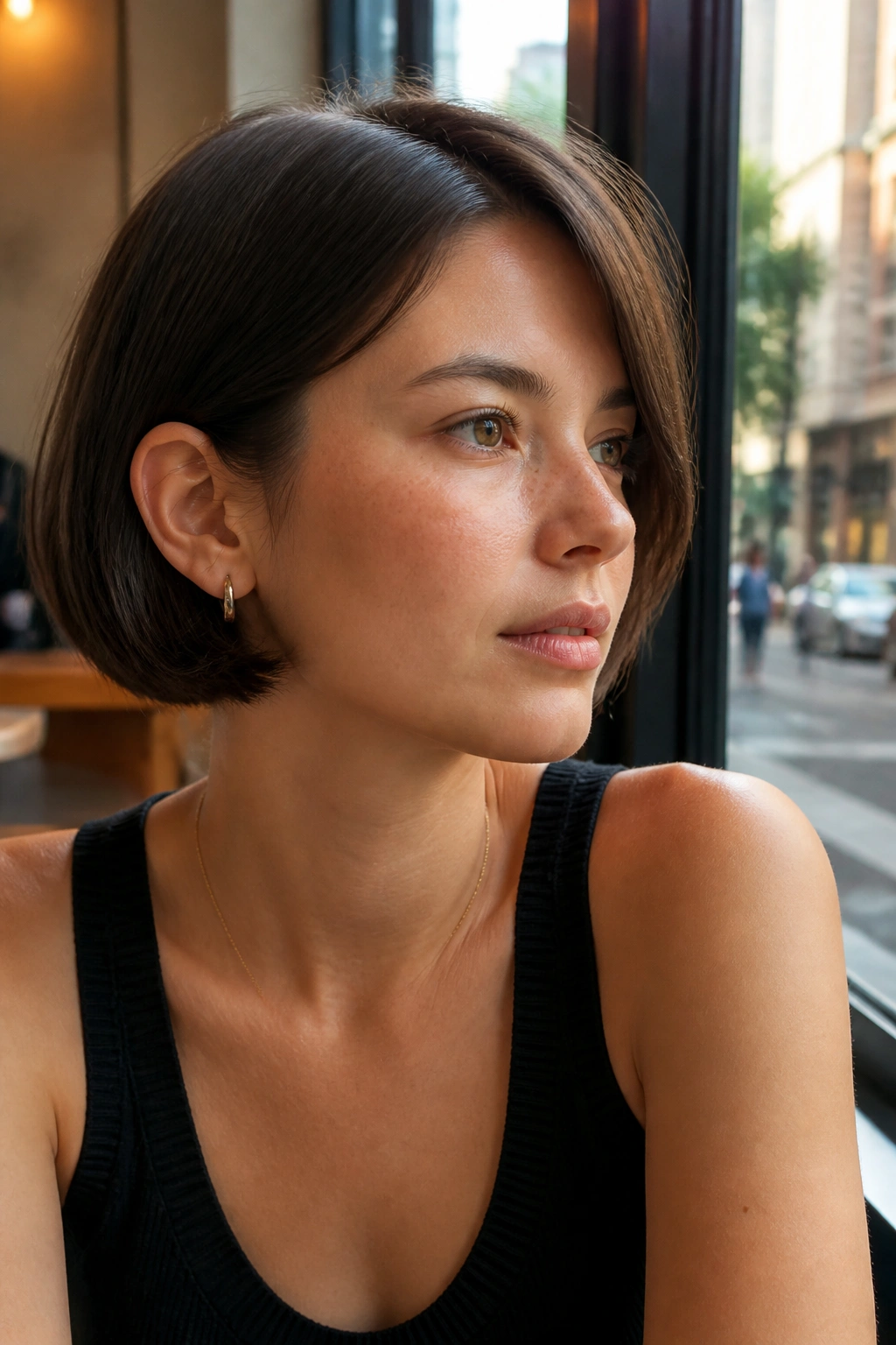 Close-up of a woman with a rounded micro bob.