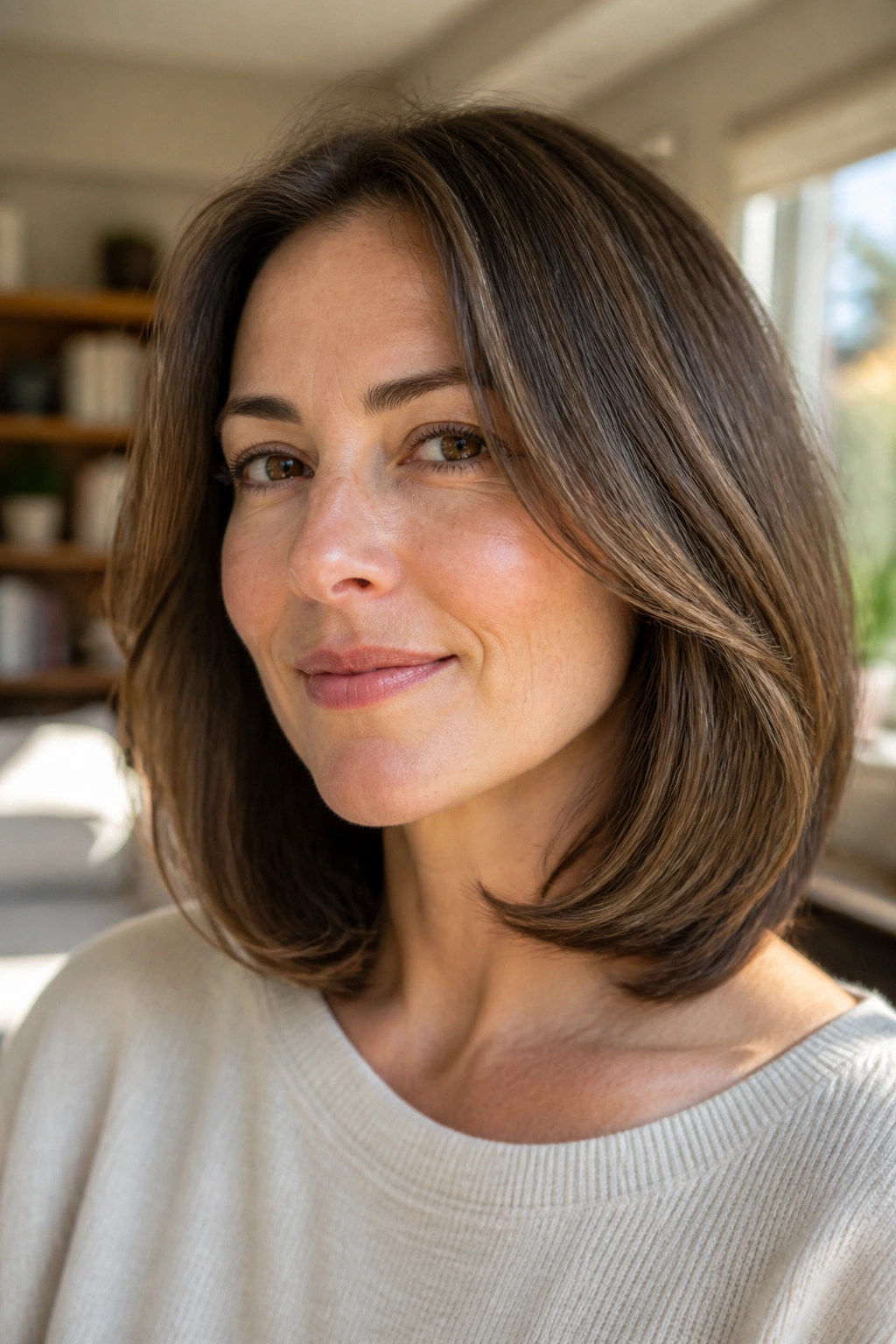 Close-up of real woman with rounded mid-length cut and soft silhouette