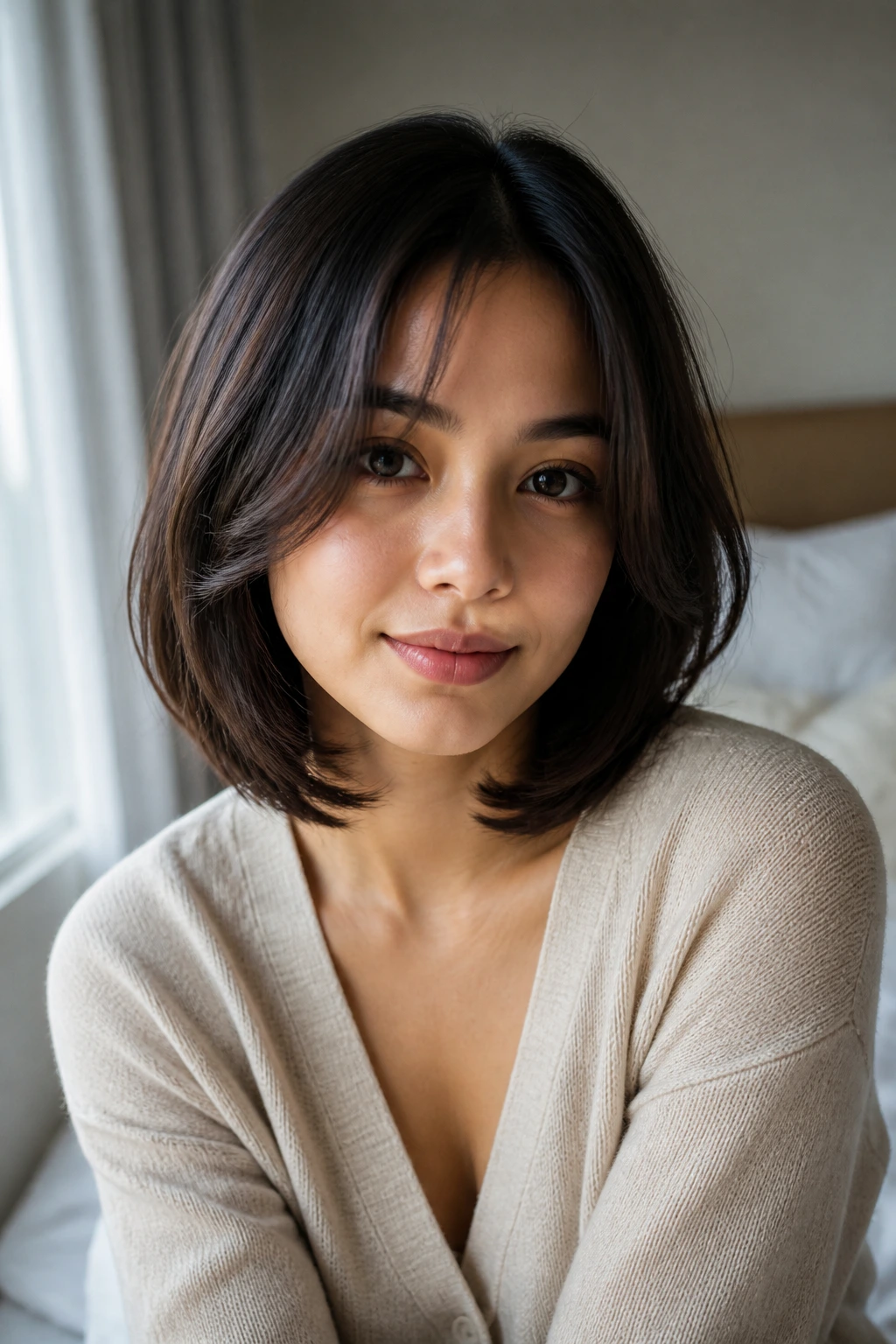 Real woman with rounded midi cut and curtain bangs in a softly lit bedroom