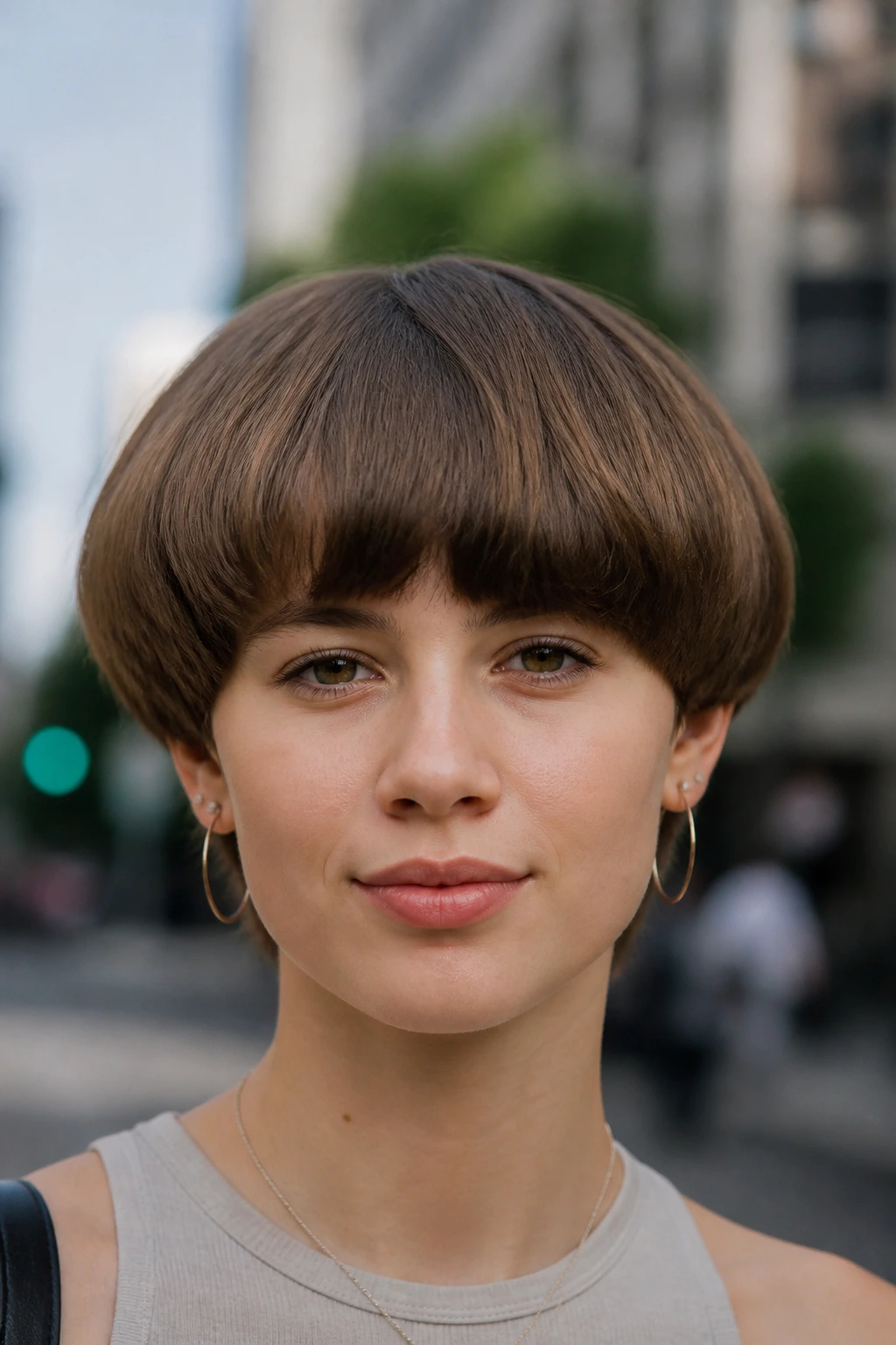 Close-up front-facing portrait of real person with rounded mushroom cut