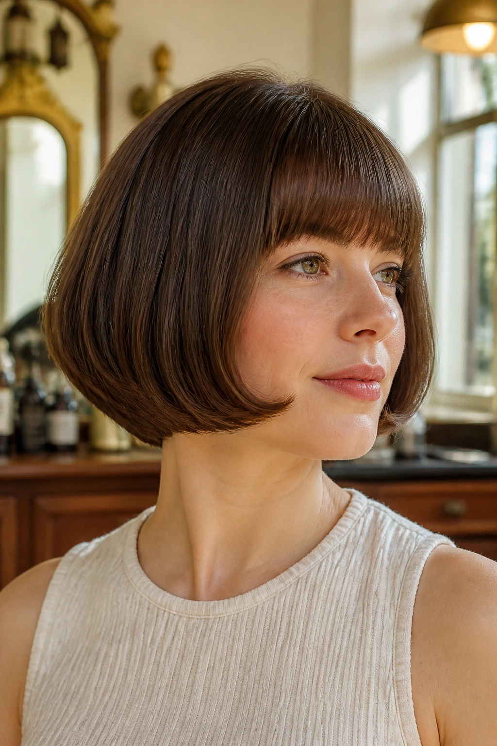 Real woman with rounded pageboy and curved under ends in a vintage salon