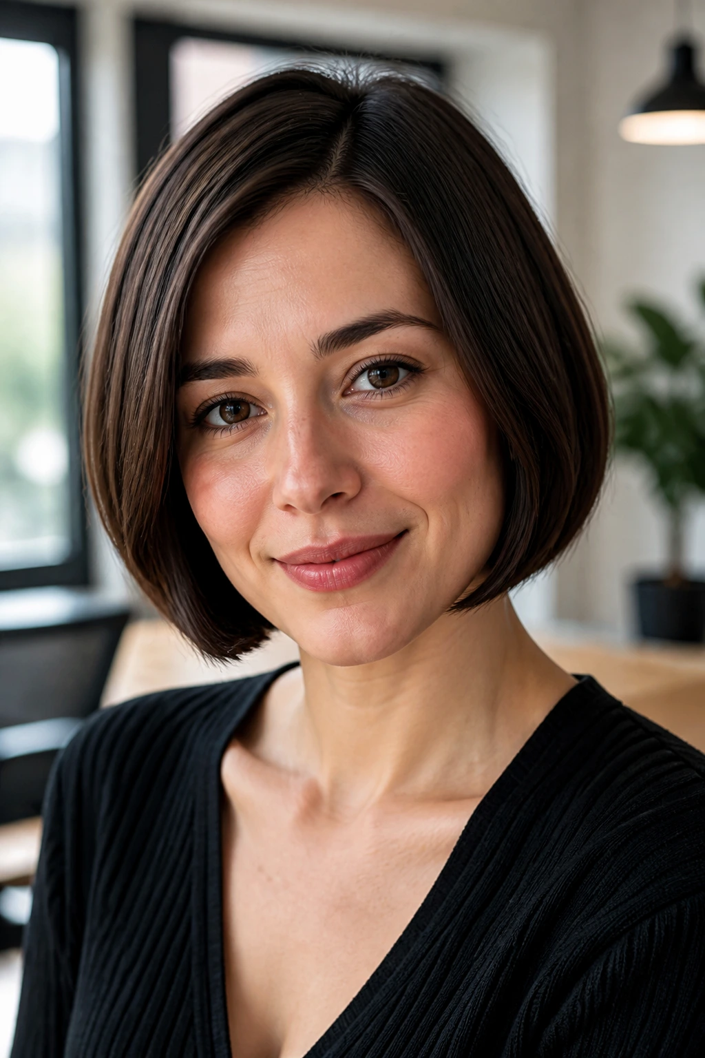 Close-up of a real woman with a rounded pageboy bob