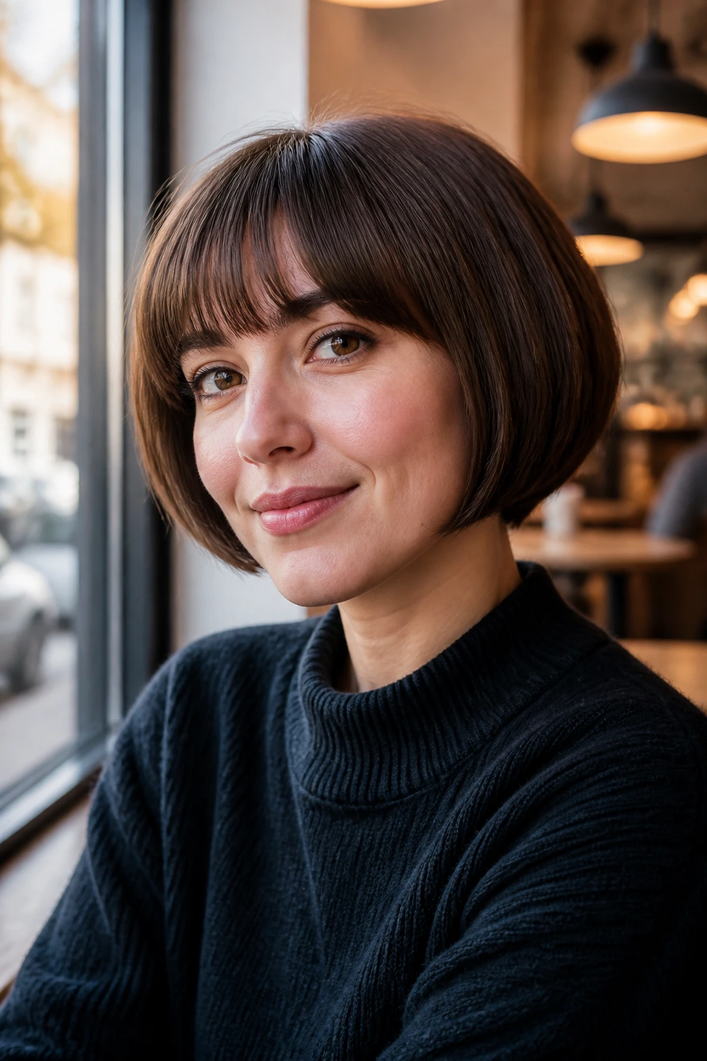Portrait of a woman with rounded pageboy in daylight.