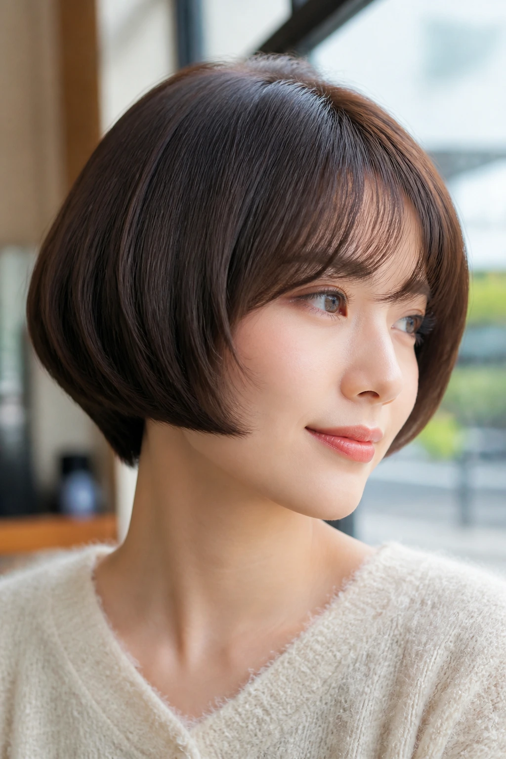 Close-up portrait of a real woman with rounded pageboy hairstyle beside a sunlit cafe window