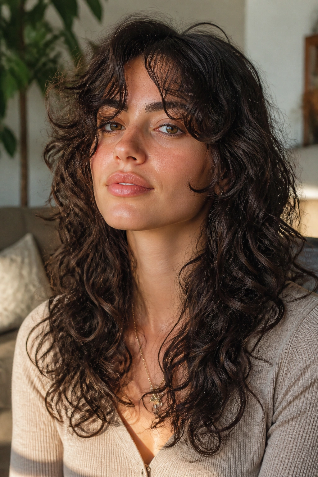 Close-up portrait of real person with rounded perimeter and cheekbone layers.