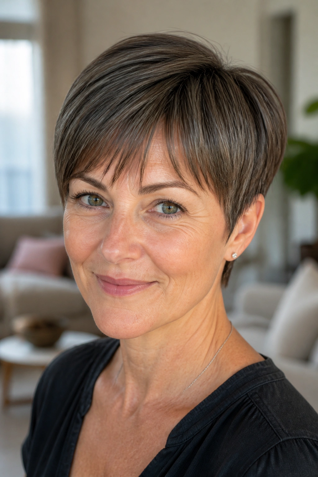 Close-up portrait of a real woman with rounded pixie and soft bangs in a sunlit living room.