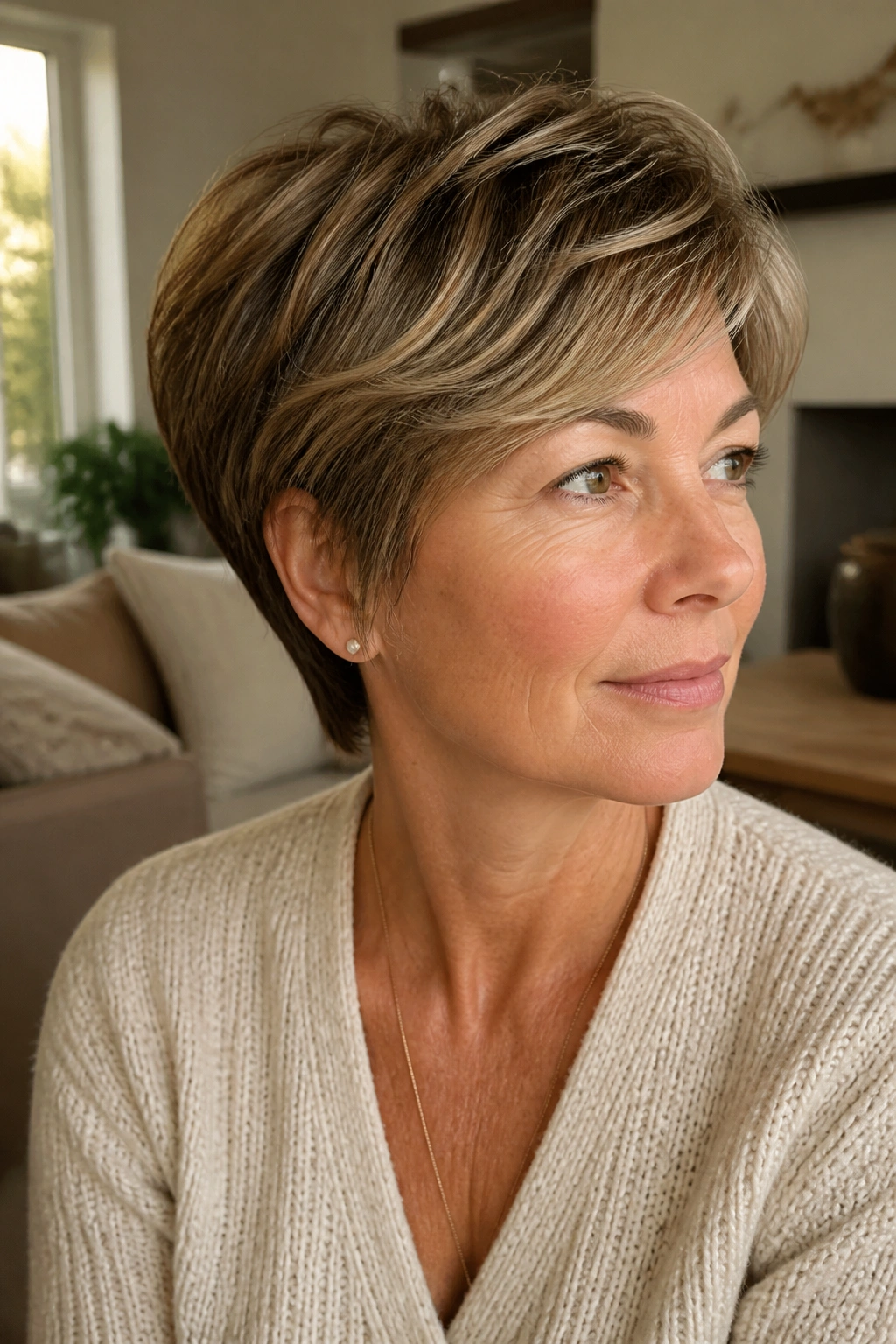 Portrait of a real woman with rounded pixie-bob silhouette and longer crown layers
